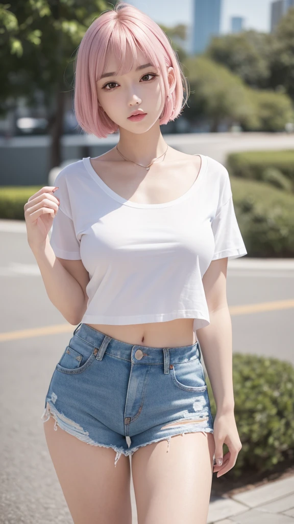 (Masterpiece 1.8), 　Ultra HD,　high quality,　Ultra-high resolution,　Realistic Face,　Realistic portrayal　Realistic Face, 　K-POPアイドル,　Clear skin,　Pink Short Hair,   Full body photo　(Denim shorts), (small breasts),thick lips, ((tight white plain t-shirt)) , underboob, 