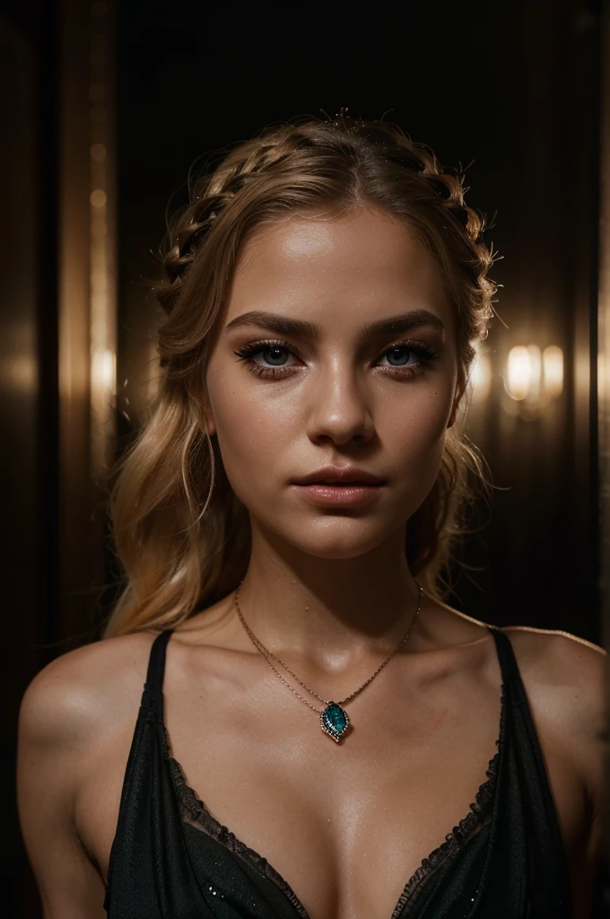 A beautiful blonde woman in an elegant pose, with brown/green eyes, blonde hair, golden necklace, Waterfall braid, in a nightclub, (best quality,4k,8k,highres,masterpiece:1.2),ultra-detailed,(realistic,photorealistic,photo-realistic:1.37),intricate details,high quality lighting,cinematic lighting,dramatic lighting,chiaroscuro lighting,moody lighting,glowing skin,flawless skin,detailed facial features,long eyelashes,full lips,expressive eyes,graceful posture,elegant black dress,shimmering dress,dramatic expression,cinematic composition,rich color palette, volumetric fog,depth of field