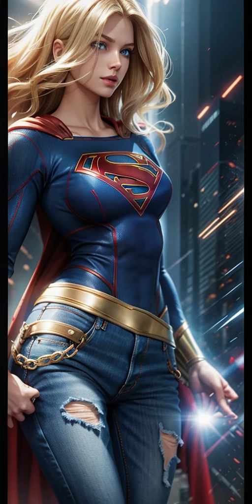 The character Supergirl in denim style, extremely beautiful body, extremely blond hair, perfect brilliant blue eyes