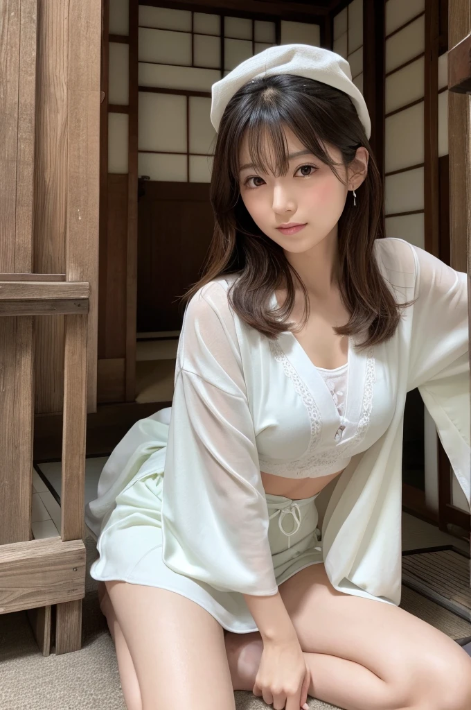 highest quality, Ultra-high resolution, Highly detailed skin, Physically Based Rendering,Down blouse,((From below))) ,(((Young face of 18 years old,Japanese schoolgirl、Place both hands on the ground、Leaning forward,naked,No bra)))(((Panty shot.Showing panties,squat,Spread your legs wide)))Small breasts, I can see the nipples too, from the front,))),(Japanese の制服),(Beautiful background:1.2), (Cleavage), (Show me her white panties)Long black hair, open chest shirt