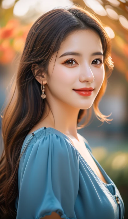 (a beautiful woman with long flowing hair, flowing blue dress sparkling in sunlight, bright warm eyes, gentle kind smile, ample round bosom, standing in peaceful garden surrounded by blooming flowers, soft breeze, head_to_hip, the_cowboy_shot, (best quality,4k,8k,highres,masterpiece:1.2),ultra-detailed,(realistic,photorealistic,photo-realistic:1.37),HDR,UHD,studio lighting,ultra-fine painting,sharp focus,physically-based rendering,extreme detail description,professional,vivid colors,bokeh,portrait,fantasy,warm colors)