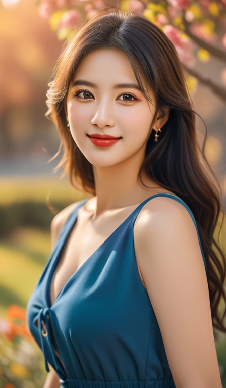 (a beautiful woman with long flowing hair, flowing blue dress sparkling in sunlight, bright warm eyes, gentle kind smile, ample round bosom, standing in peaceful garden surrounded by blooming flowers, soft breeze, head_to_hip, the_cowboy_shot, (best quality,4k,8k,highres,masterpiece:1.2),ultra-detailed,(realistic,photorealistic,photo-realistic:1.37),HDR,UHD,studio lighting,ultra-fine painting,sharp focus,physically-based rendering,extreme detail description,professional,vivid colors,bokeh,portrait,fantasy,warm colors)