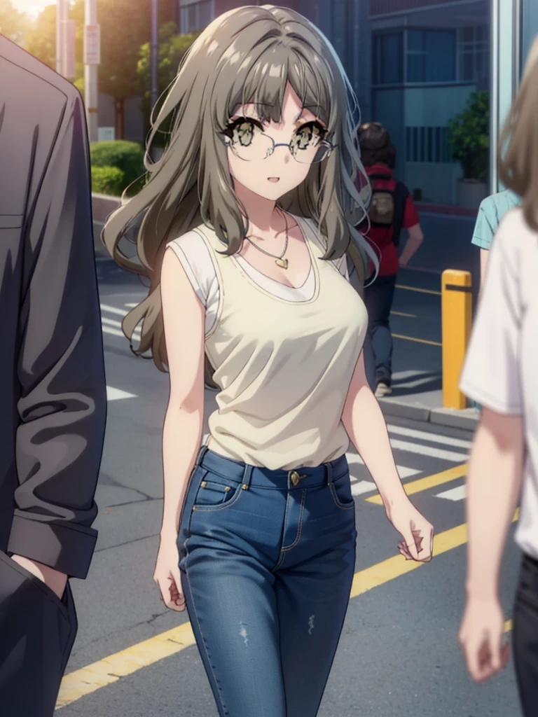 Riofutaba, Rio Futaba, Long Hair, Brown Hair, (Brown eyes:1.5), Glasses,Big Breasts,smile,Open your mouth,Red Tank Top,Heart Necklace,Short sleeve,skinny pants,Stiletto heels,Business Back,Walking,morning,morning陽,The sun is rising,whole bodyがイラストに入るように,
break outdoors, Building district,
break looking at viewer, whole body,
break (masterpiece:1.2), Highest quality, High resolution, unity 8k wallpaper, (figure:0.8), (Beautiful attention to detail:1.6), Highly detailed face, Perfect lighting, Highly detailed CG, (Perfect hands, Perfect Anatomy),