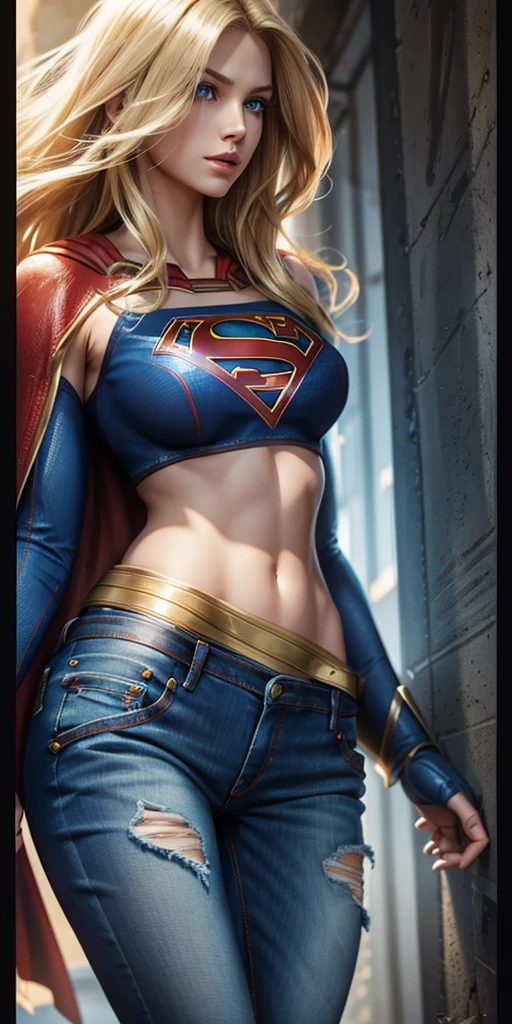 The character Supergirl in denim style, extremely beautiful body, extremely blond hair, perfect brilliant blue eyes