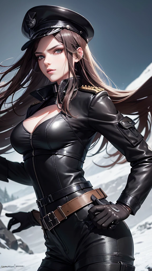 beautiful ((similing)) relytvil posing in (dynamic pose) as a world war 2 diesel punk army officer, black leather uniform with cleavage wearing leather army hat, photo referenced, highest quality, high quality, (detailed face and eyes), dusk lighting,, strong makeup, industrial, outdoor snow forest background, half body,