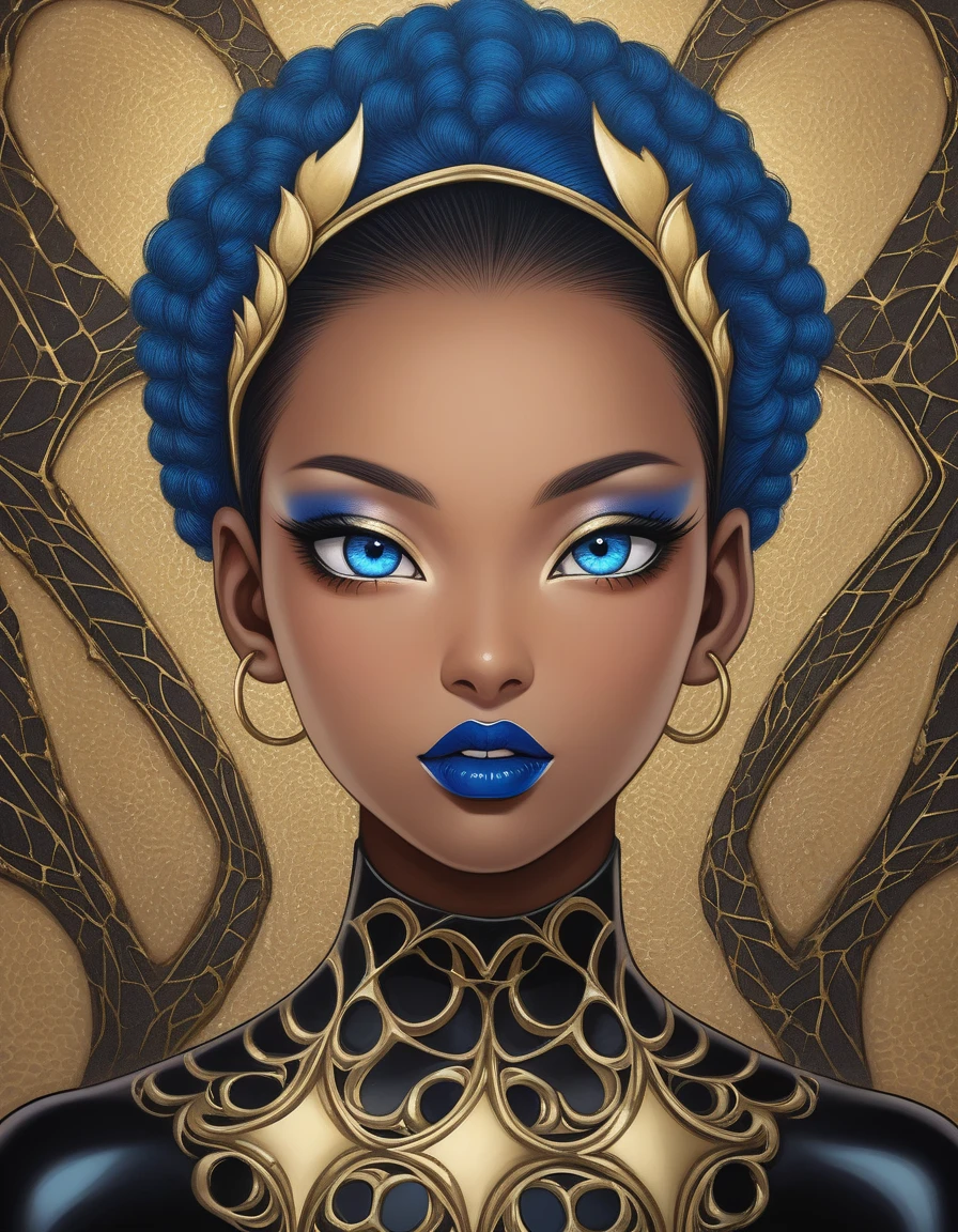 portrait of a girl in the style of Kim Keever Kenny Scharf, Kay Sage. punk hairstyle portrait close-up 3D, painting of a beautiful Sakura + Boruto sexy colors, black and gold background asas de butterfly of cracked walls forming small and repeating patterns, black and gold, relief patterns, fractal hair, face covered with fractal black latex with golden patterns, gothic style, portrait of a beautiful dark-skinned woman, a beautiful detailed girl with half a mane of red, black and blue hair, delicate facial features, large blue eyes, lips with a sheen of blue lipstick complex details, style Android jones