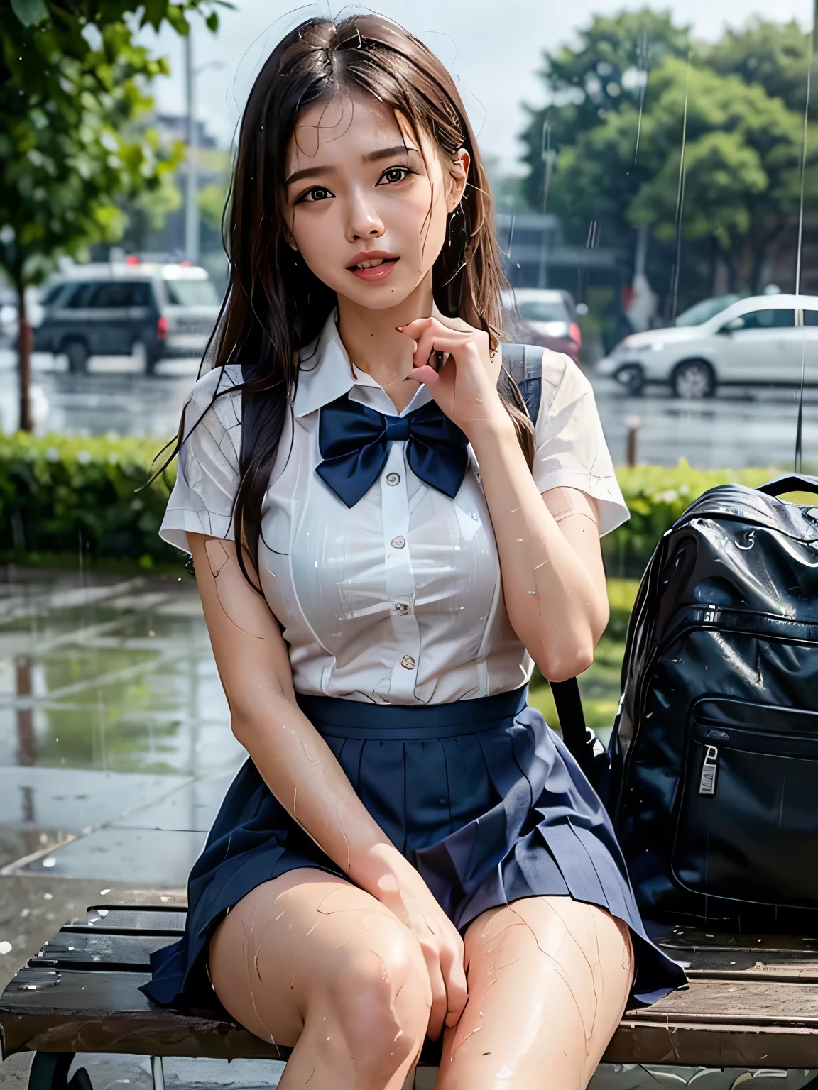 Very detailed CG Unity 8k wallpaper、Highest quality、Very detailed、masterpiece、reality、reality、((Park where it is raining:1.4))、Very detailedなかわいい女の子、、(Japan people in uniform)、((Photographed from the front:1.4))、((Shooting from a little below:1.4))、((Sitting on a park bench:1.4))、blush、Cleft lip、Looking at the audience、Semi Body Shot、(National High School Designated Shoes)、((Navy blue short pleated skirt:1.5))、((White short sleeve dress shirt for students:1.4))、((Navy blue panties:1.4))、((Dark blue bow tie:1.4))、(Long Hair Girl:1.7)、(Beautiful Face:1.3)、(perfect balance:1.2)、(Looking down and crying 1.2)、(Small breasts:1.3)、((Blouse wet in the rain:1.2))、(Bra is sheer)、(((Rain-soaked hair 1.2)))、((Upper Body))、reality、((School bag:1.4))、