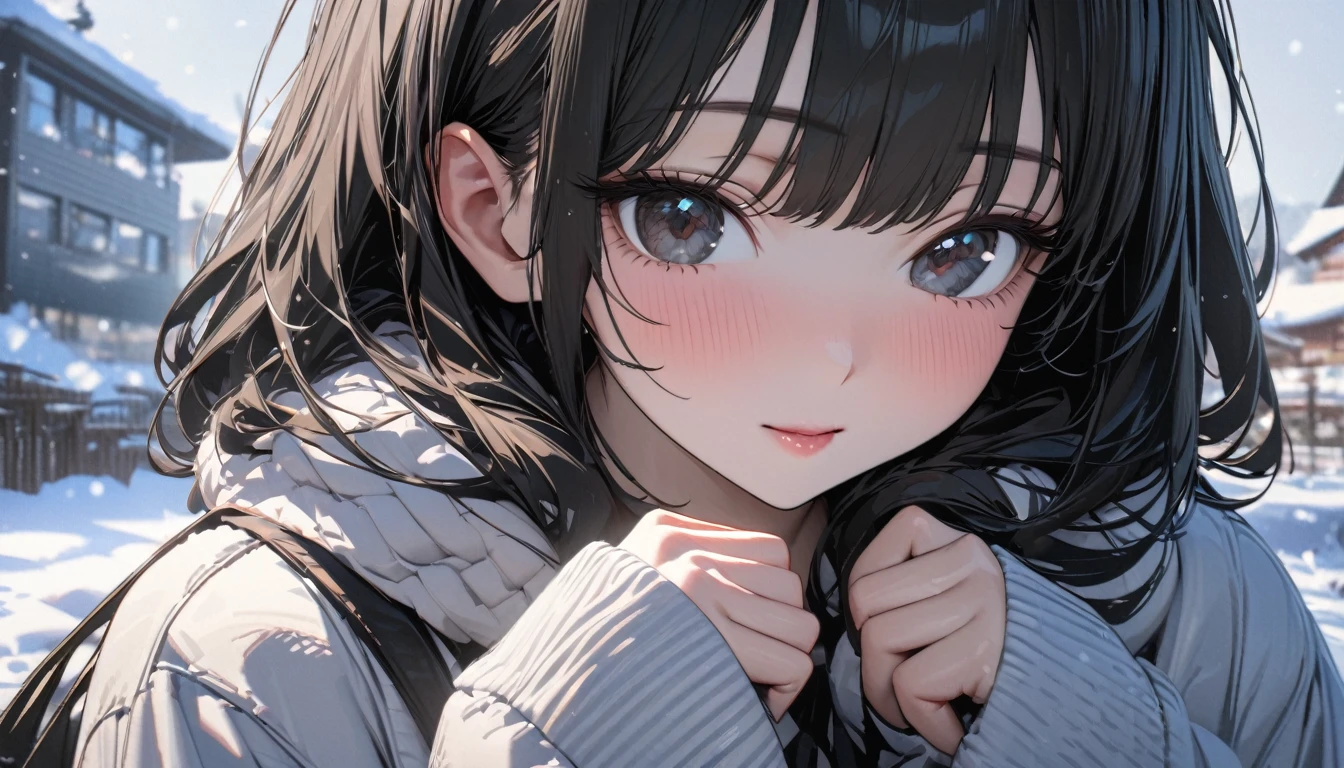 One woman, , Ultra-high resolution, 超detailed, Highest quality, 8K,((Highest quality)), ((masterpiece)), (detailed)，Face direction(front)，Japanese face，Hair Color(Black Hair，Fine hair quality)，Hairstyle(semi-long)，high school student, background(Snow Scene)，clothing(Winter Clothing)，Cute pose