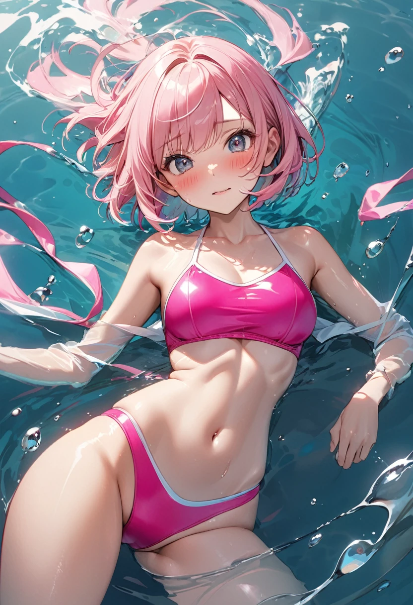 ((Bright pop-colored swimsuits, lying on the water and floating)), , skinny, solo, 1 woman, Masterpiece, highest quality, highest quality, 16K, incredibly absurd, highly detailed, 2.5D, delicate and dynamic, very delicate facial expressions, delicate eye depiction, erotic, only sexy woman, healthy figure, 25-year-old woman, bride, 160cm tall, medium firm swaying bust, (short hair), (pink hair:1.5), bob cut, black eye, blush, Sweat,Embarrassed,sexy, ((thin thighs)), Erect nipples, (camel toe:0.6), ((shiny and lustrous)), facing straight at viewer,Navel, tan skin,