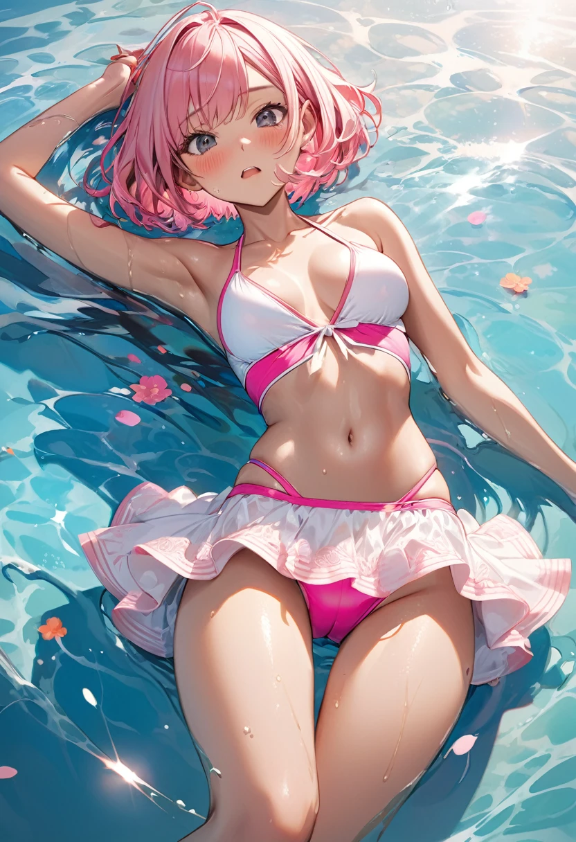 ((Bright pop-colored swimsuits, lying on the water and floating)), , skinny, solo, 1 woman, Masterpiece, highest quality, highest quality, 16K, incredibly absurd, highly detailed, 2.5D, delicate and dynamic, very delicate facial expressions, delicate eye depiction, erotic, only sexy woman, healthy figure, 25-year-old woman, bride, 160cm tall, medium firm swaying bust, (short hair), (pink hair:1.5), bob cut, black eye, blush, Sweat,Embarrassed,sexy, ((thin thighs)), Erect nipples, (camel toe:0.6), ((shiny and lustrous)), facing straight at viewer,Navel, tan skin,