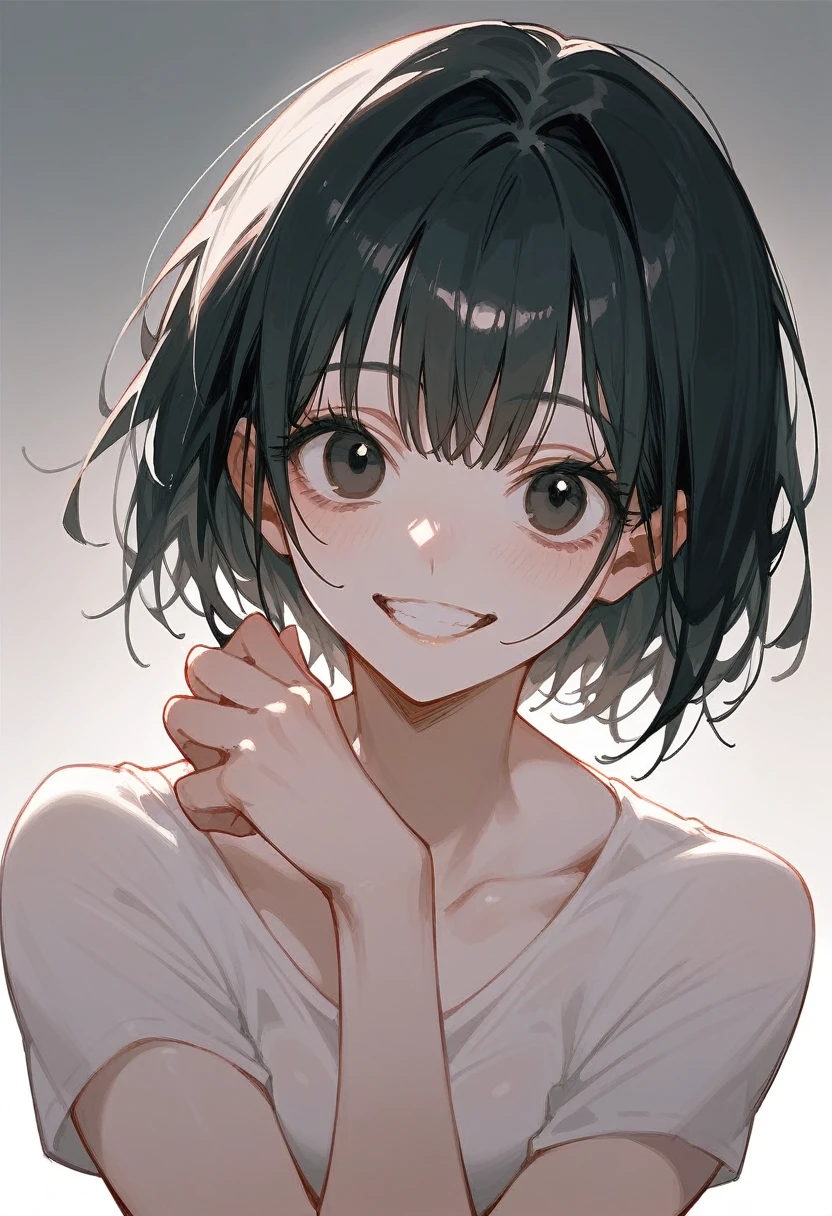 Girl, black eyes, black hair, smiling, yandere