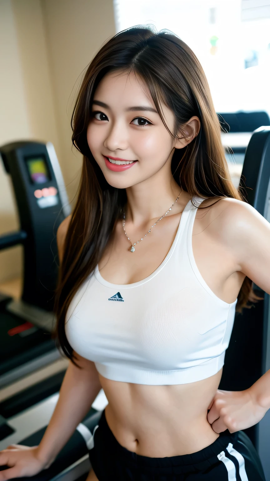 seed:381696201((Highest quality, 8K, masterpiece: 1.3)), concentrated: 1.2, Cute girl 1,Nipples erect、 Perfect beauty: 1.4,T-Shirts、Shorts、Randall Color:1.1, Highly detailed face and skin textures, Fine grain, double eyelid, whitening skin, ,Highest quality,Ultra-high resolution,you,1 girl,alone,_Shiny_skin,Iris,necklace,((brown_length_Wavy_hair)),(lips)),eyelash,Front hair,deal with,compensate,Shiny,pore,skin texture,Large Breasts、smiling face、A beautiful 20-year-old Japanese woman working as a temporary staff member runs on a treadmill in a modern gym. The scene depicts an energetic and active atmosphere, with the woman in athletic wear, focused and determined. The gym background includes other fitness equipment and a spacious, bright environment.