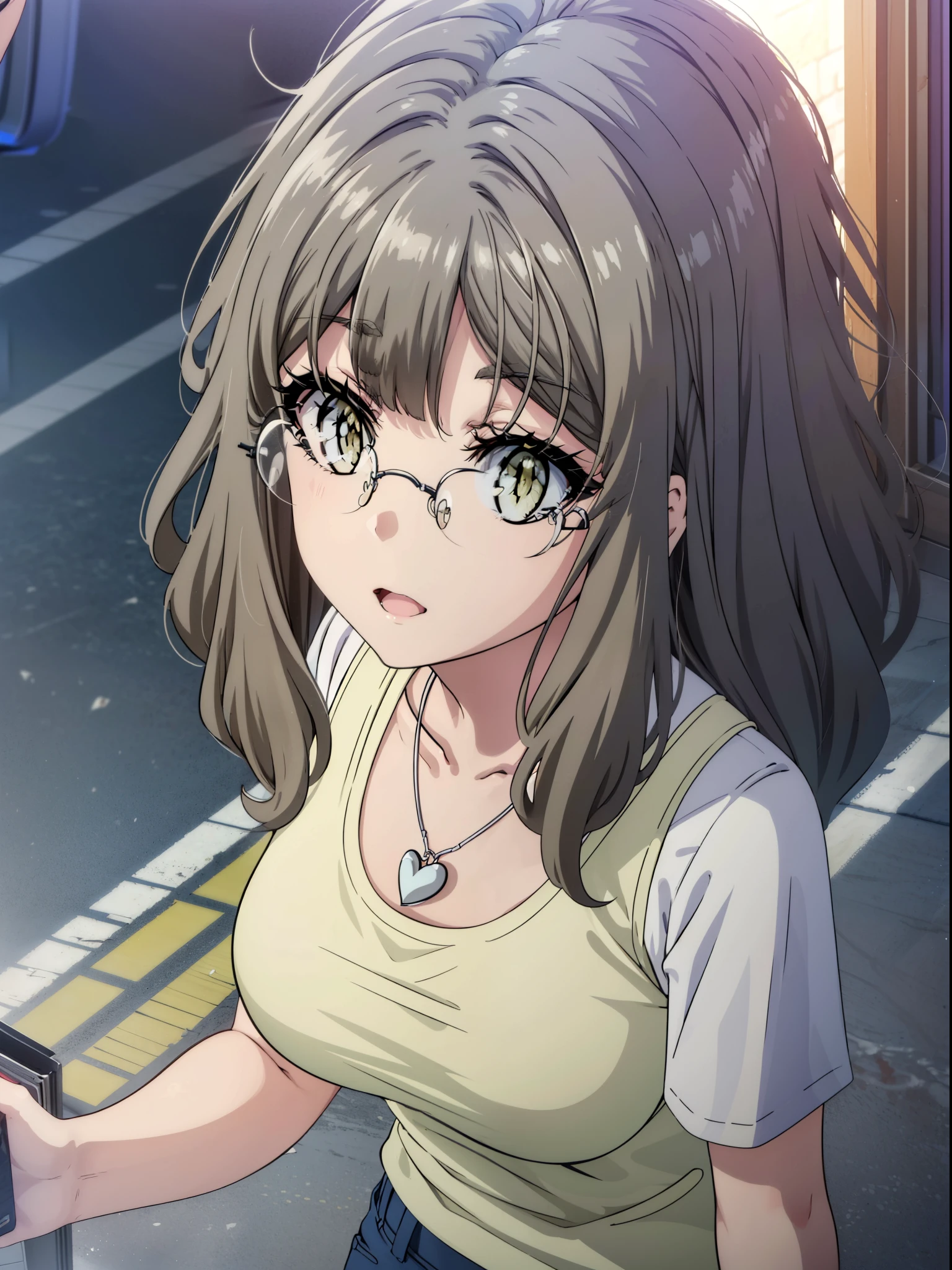 Riofutaba, Rio Futaba, Long Hair, Brown Hair, (Brown eyes:1.5), Glasses,Big Breasts,smile,Open your mouth,Red Tank Top,Heart Necklace,Short sleeve,skinny pants,Stiletto heels,Business Back,Walking,morning,morning陽,The sun is rising,whole bodyがイラストに入るように,
break outdoors, Building district,
break looking at viewer, whole body,
break (masterpiece:1.2), Highest quality, High resolution, unity 8k wallpaper, (figure:0.8), (Beautiful attention to detail:1.6), Highly detailed face, Perfect lighting, Highly detailed CG, (Perfect hands, Perfect Anatomy),