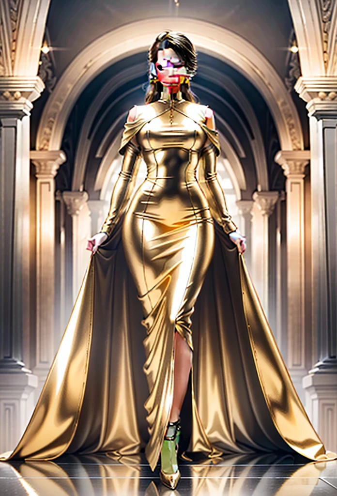 golden dress, chrome dress, long dress, chrome gold, high quality, 1woman, best quality, masterpiece, ultra-detailed, perfect body, pretty, 