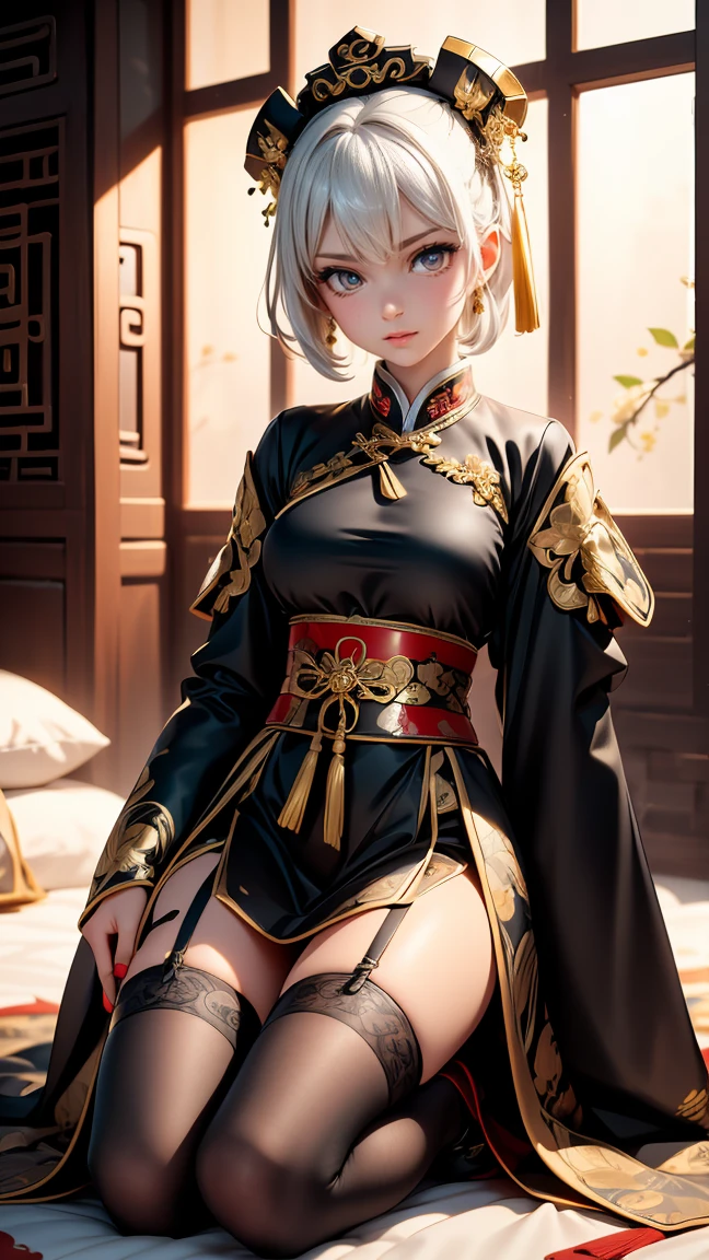 A very beautiful 19 year old woman, (white hair: 0,8), bob haircut, shorth hair, (yellow eyes: 0,8) Glowing gold Eyes, red nails, young and beautiful face, brawny, slim body, but well proportioned, perfect white skin, high detailed drawing, lifelike face. (((Wearing traditional Chinese imperial clothing, black with gold decorations:0,8))) ((black clothes with gold details)) ((black cloak with golden decorations)) ((black dress with gold details,)) ((red skirt with gold details:0,8)) (with red Hanafuda earrings:0,8) (black garter belt with thigh high stockings:0,3) Kneeling on a white bed in an ancient Chinese room, with full moon and stars visible through the window at night, with flashes of light reflecting off your body. 4k anime art, perfect lighting.