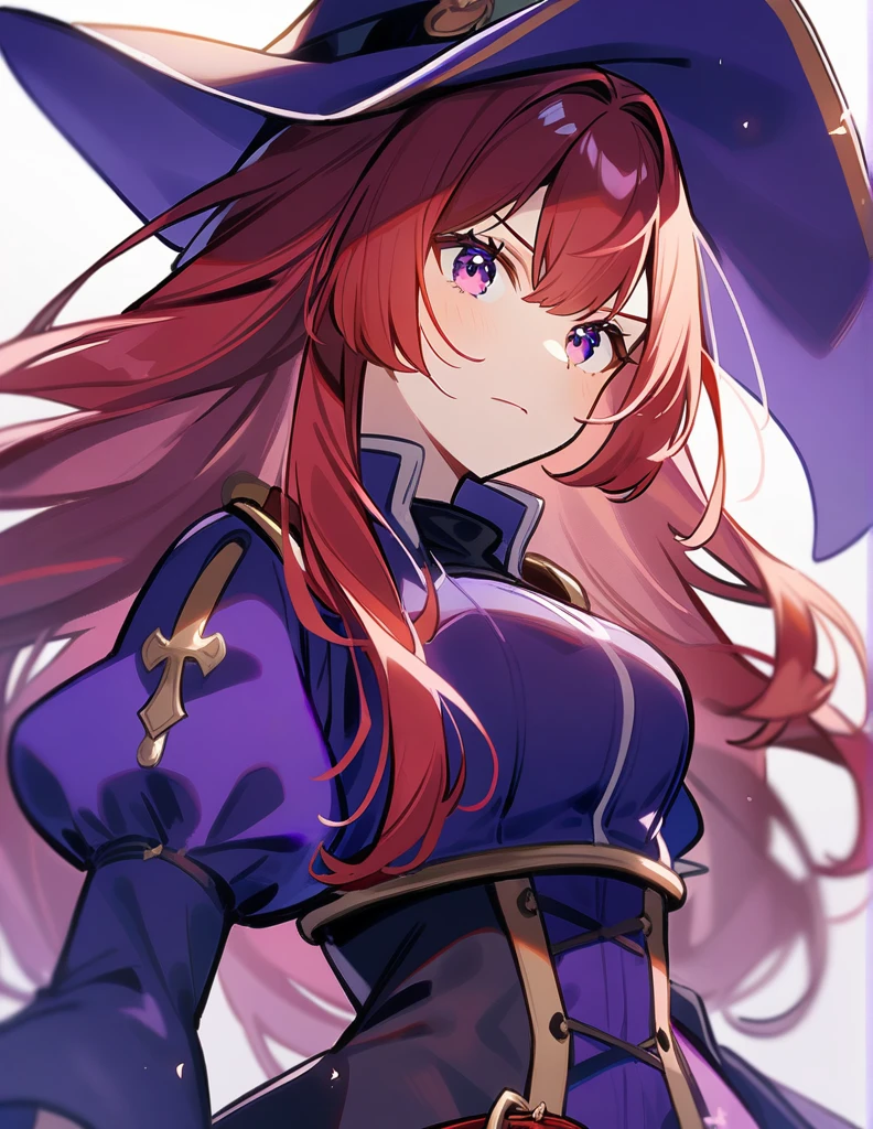 1girl, red hair, long hair, eyes purple, musketeer.