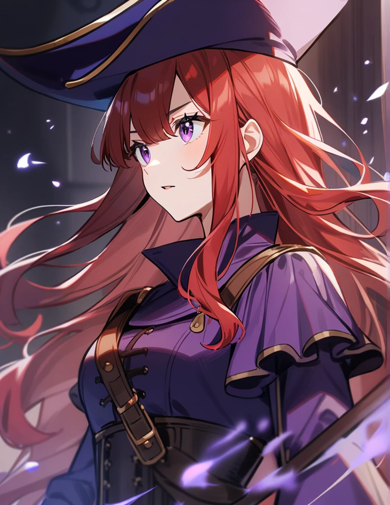 1girl, red hair, long hair, eyes purple, musketeer.