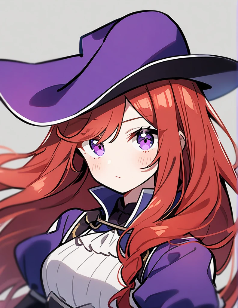 1girl, red hair, long hair, eyes purple, musketeer.