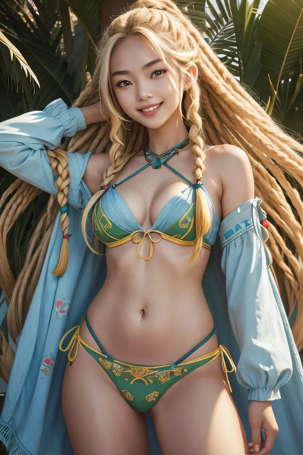 A young, lively, and cheerful woman, about 19 years old. She has Asian features and sun-kissed skin. Her eyes are a bright green. Her hair is long, blonde, and intricately braided into Rastafarian locks that hang wildly over her face. She wears scanty clothing of an exotic dancer in a light blue color. She is wild, joyful, smiling, and having a good time. She is cute, with a wide mouth and large eyes. She has a prominent nose. Unforgiving desert.