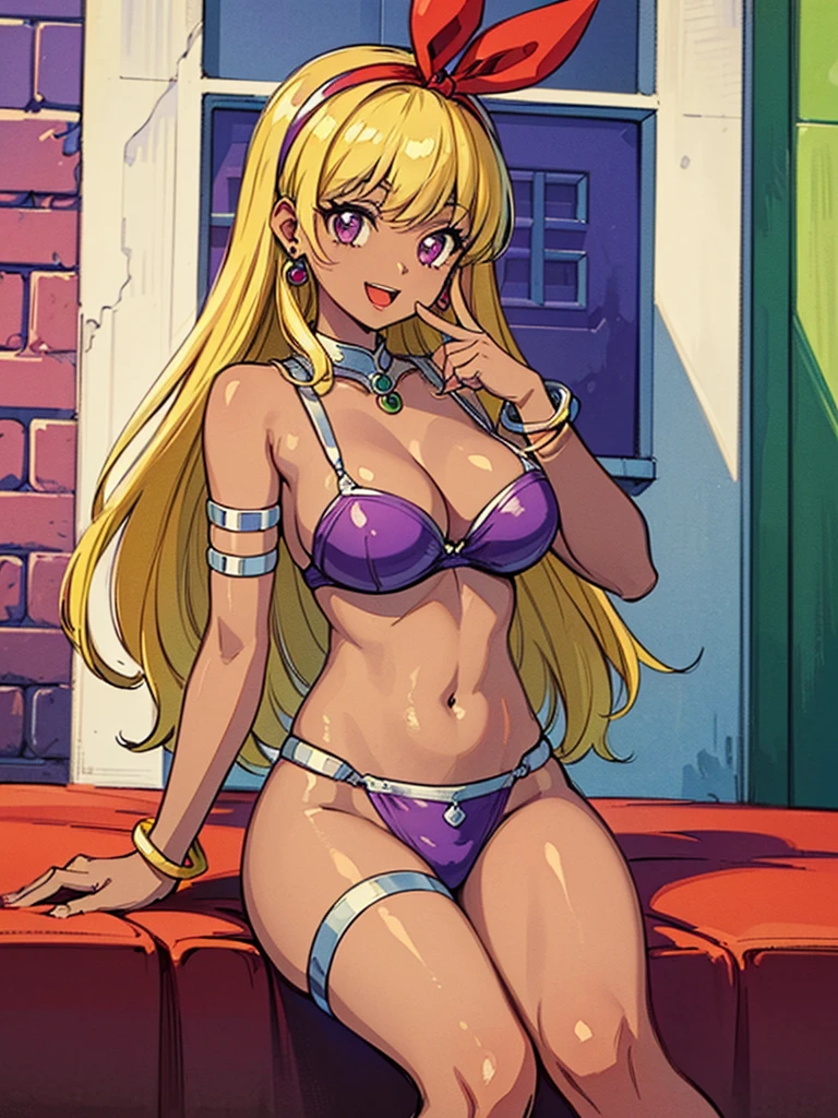 (red ribbon on hairband:1.2),(a sexy female character in a purple outfit and jewelry sits on a wall), 1girl, solo, jewelry, (manya (dq4)), (long hair), (Blonde hair), (dark-skinned female:1.3), (dark skin:1.3), bracelet, (purple eyes), (large breasts), (open mouth), (looking at viewer), (smile), earrings, navel, armlet, sitting, anklet, (masterpiece:2.0), (Create an image with vibrant and highly saturated colors, Increase the saturation and vibrancy of the skin tones), ((best quality)), (( ultra high res 8K)), ((resolution 8k)), ((wallpaper)), ((best light)), (((Illustration))), looking at viewer, (((retro art style))), (((perfect body))), (((perfect finger))), dunhuang, dunhuang_face