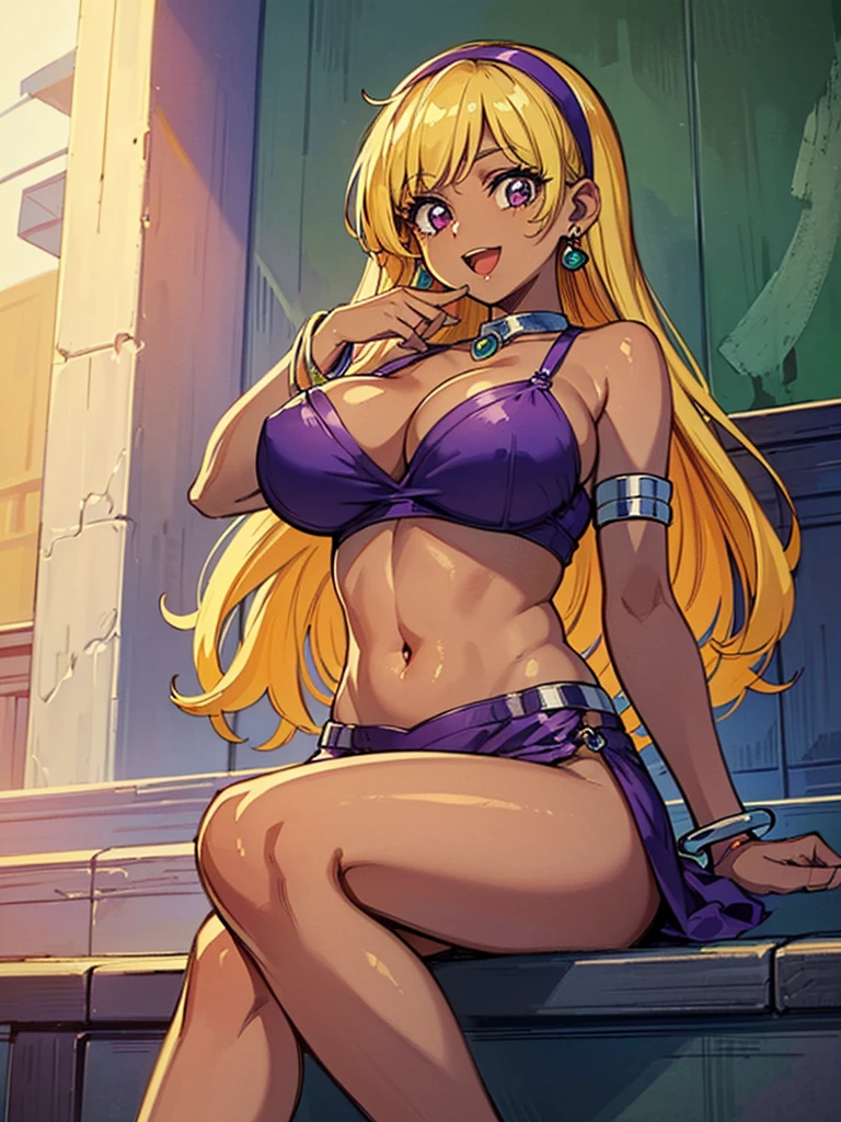 (red ribbon on hairband:1.2),(a sexy female character in a purple outfit and jewelry sits on a wall), 1girl, solo, jewelry, (manya (dq4)), (long hair), (Blonde hair), (dark-skinned female:1.3), (dark skin:1.3), bracelet, (purple eyes), (large breasts), (open mouth), (looking at viewer), (smile), earrings, navel, armlet, sitting, anklet, (masterpiece:2.0), (Create an image with vibrant and highly saturated colors, Increase the saturation and vibrancy of the skin tones), ((best quality)), (( ultra high res 8K)), ((resolution 8k)), ((wallpaper)), ((best light)), (((Illustration))), looking at viewer, (((retro art style))), (((perfect body))), (((perfect finger))), dunhuang, dunhuang_face