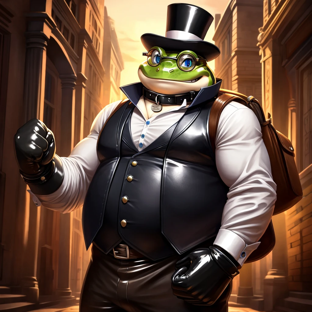 Solo, Male, fat, extremely obese, gentleman, dapper Professor Frog, blue eyes, (posing:1.3), (soft shading), 4k, hi res, ((detailed face, detailed)), looking at viewer, evil grin, steampunk, collared shirt with buttons, top hat, male focus, Explorer Outfit, glasses, monocle, bag, vest with buttons, backpack, sleeves rolled up, round eyewear, brown headwear, brown vest, Frog is wearing a glossy leather dog collar around the neck, Frog is wearing the leather collar and shirt and vest at the same time, Frog is wearing glossy white rubber gloves on the hands, wearing white rubber gloves on the feet, Frog is wearing glossy white cuffs around the wrists with cufflinks, gloves are rubber in texture, clenching teeth, clenching fists, leather collar is glossy and shiny with a lot of detail, Frog is wearing gloves and cuffs and cufflinks at the same time, leather collar has a round dog-tag, leather collar is thick and detailed.
