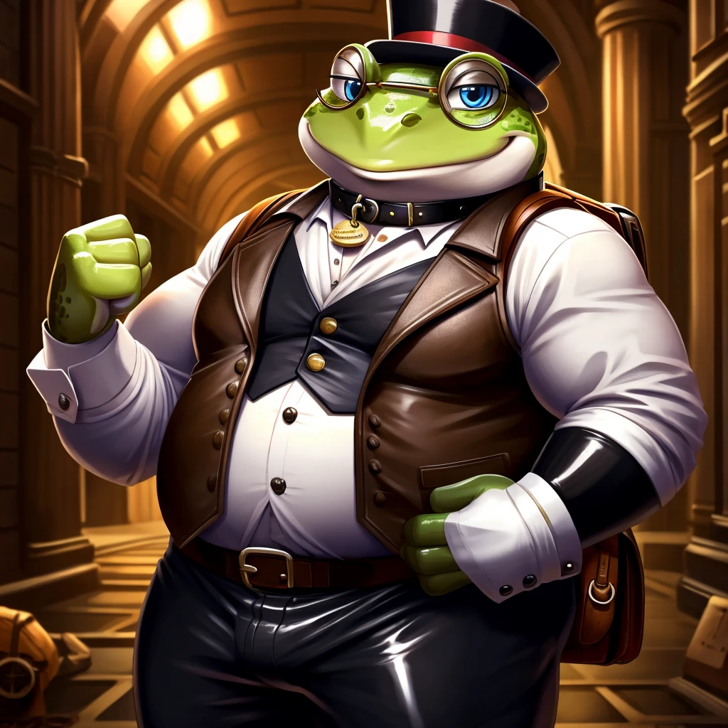 Solo, Male, fat, extremely obese, gentleman, dapper Professor Frog, blue eyes, (posing:1.3), (soft shading), 4k, hi res, ((detailed face, detailed)), looking at viewer, evil grin, steampunk, collared shirt with buttons, top hat, male focus, Explorer Outfit, glasses, monocle, bag, vest with buttons, backpack, sleeves rolled up, round eyewear, brown headwear, brown vest, Frog is wearing a glossy leather dog collar around the neck, Frog is wearing the leather collar and shirt and vest at the same time, Frog is wearing glossy white rubber gloves on the hands, wearing white rubber gloves on the feet, Frog is wearing glossy white cuffs around the wrists with cufflinks, gloves are rubber in texture, clenching teeth, clenching fists, leather collar is glossy and shiny with a lot of detail, Frog is wearing gloves and cuffs and cufflinks at the same time, leather collar has a round dog-tag, leather collar is thick and detailed.