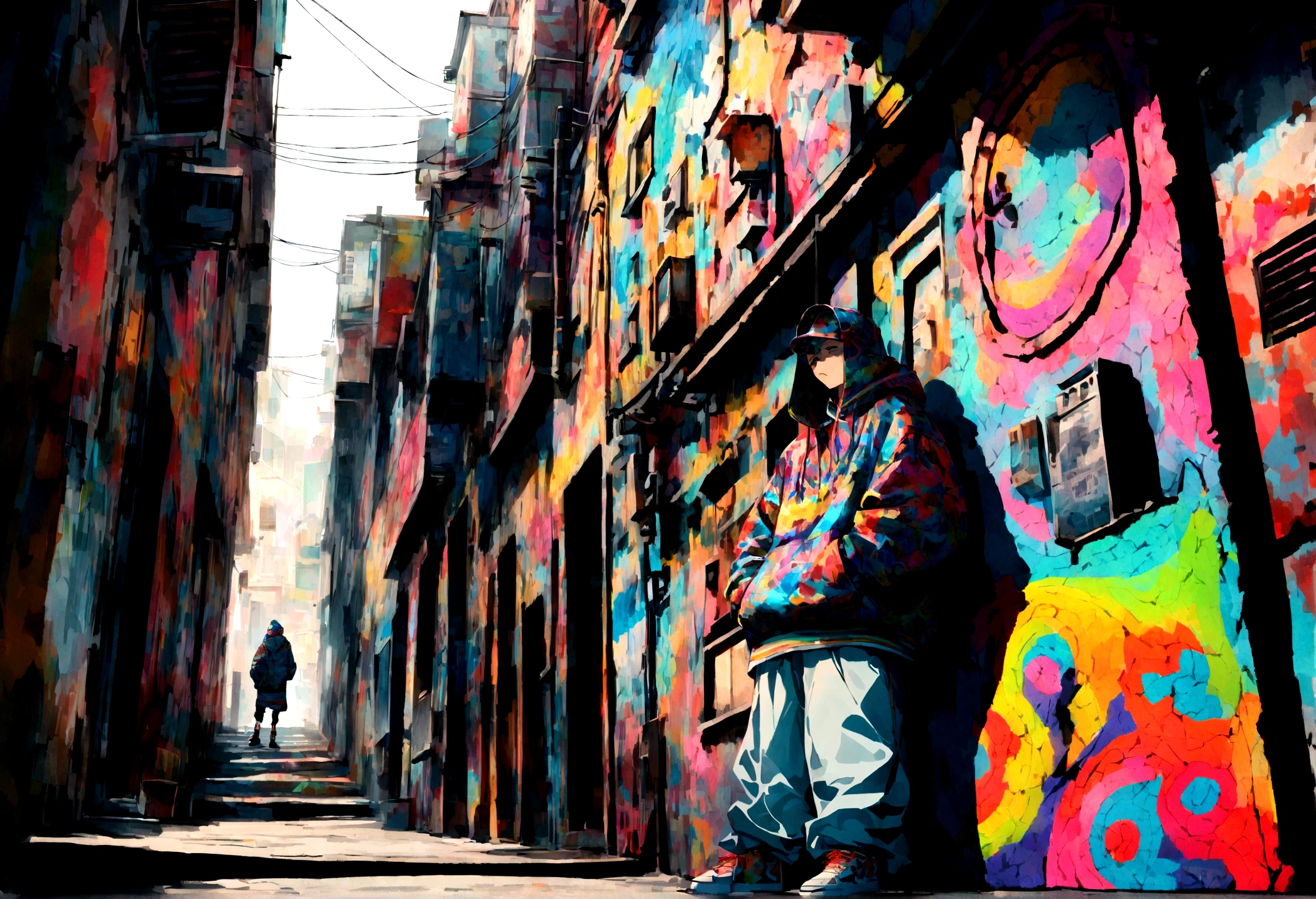Going against the tide of the times,High definition,8K,psychedelic,wall,Hip-Hop,rapping,Alley,Graffiti on the wall,Hip Hop Fashion,Young man,cool