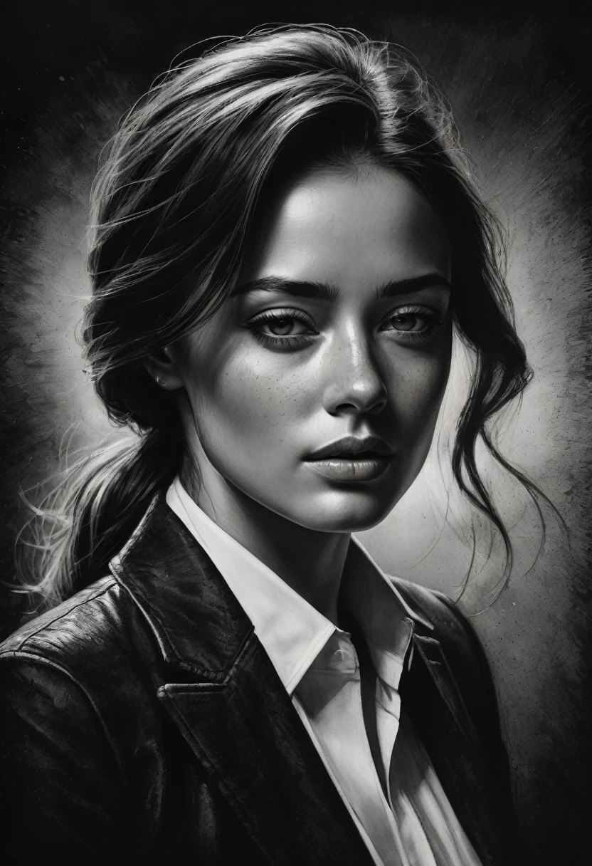 best qualityer, hyper realistic, ultra detali,realistic sketch:1.5,coal,portraite,paper texture,detailed facial features, freckles on the face, Shading and Highlights,dynamic composition,expressive traits,sharp contrast,highlights and shadows,black andwhite,Emotion and expression,Exquisite details,subtle textures,hand drawn,precise lines,fine arts,alto sharp contraste,dramatic lighting,qualified craftsmanship,aesthetic appeal,Polished finish,professionally executed
