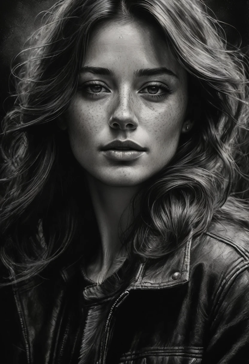 best qualityer, hyper realistic, ultra detali,realistic sketch:1.5,coal,portraite,paper texture,detailed facial features, freckles on the face, Shading and Highlights,dynamic composition,expressive traits,sharp contrast,highlights and shadows,black andwhite,Emotion and expression,Exquisite details,subtle textures,hand drawn,precise lines,fine arts,alto sharp contraste,dramatic lighting,qualified craftsmanship,aesthetic appeal,Polished finish,professionally executed