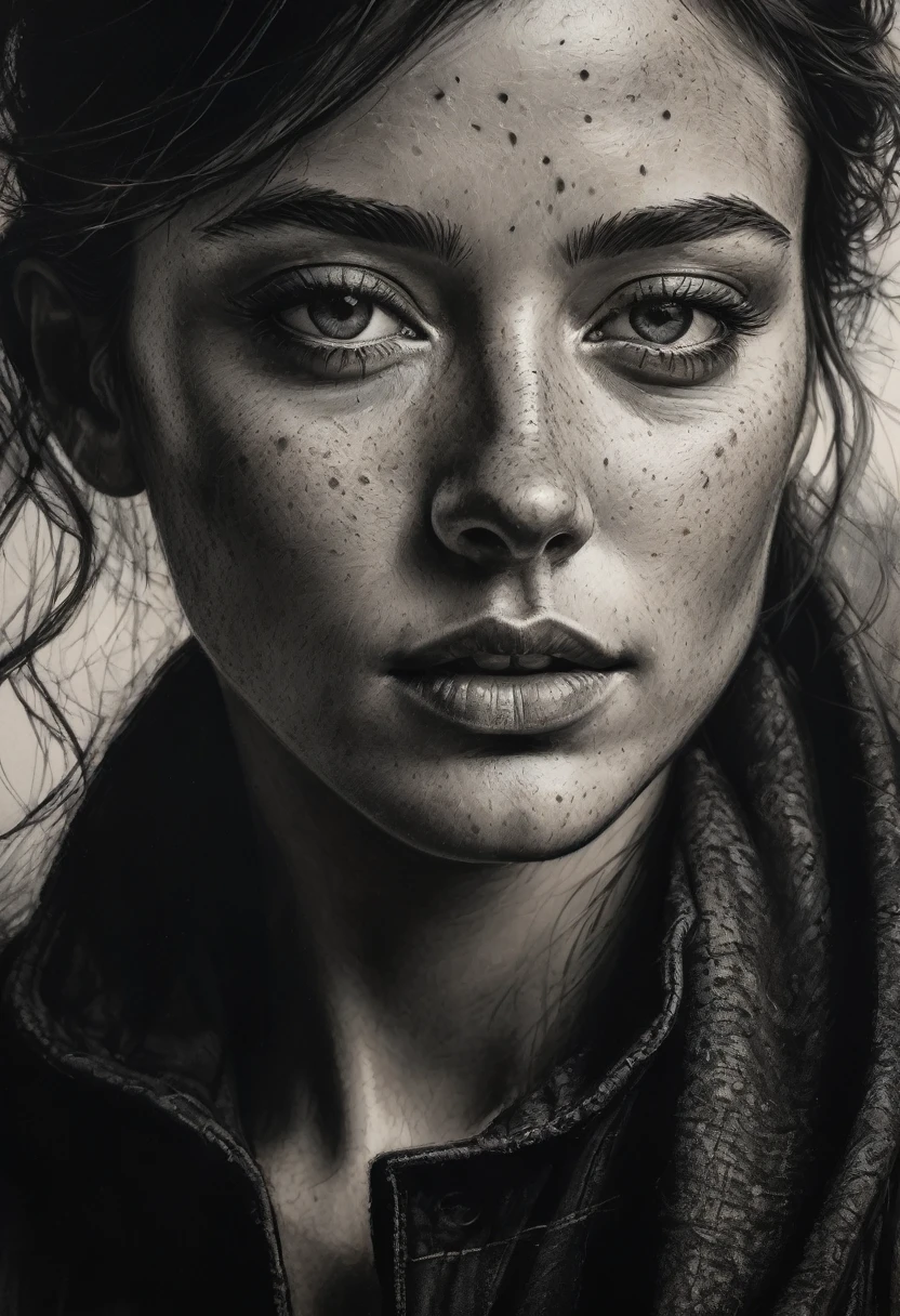 best qualityer, hyper realistic, ultra detali,realistic sketch:1.5,coal,portraite,paper texture,detailed facial features, freckles on the face, Shading and Highlights,dynamic composition,expressive traits,sharp contrast,highlights and shadows,black andwhite,Emotion and expression,Exquisite details,subtle textures,hand drawn,precise lines,fine arts,alto sharp contraste,dramatic lighting,qualified craftsmanship,aesthetic appeal,Polished finish,professionally executed