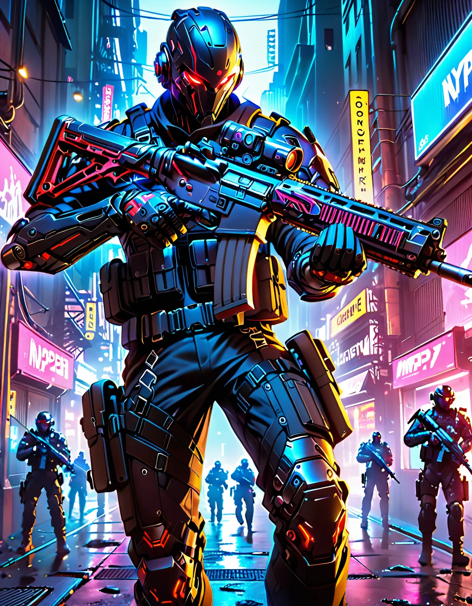 masterpiece, best quality, highres, 1man, 1cyborg, male focus, solo, solo focus, male focus, perfect hands, NYPD swat officer, jet black uniform, hi-tech cyborg head with red eyes, boots, mechanical arms, cyborg, matching gloves, assault vest, holding an assault rifle, m16, cyberpunk lighting, danger atmosphere, new york.