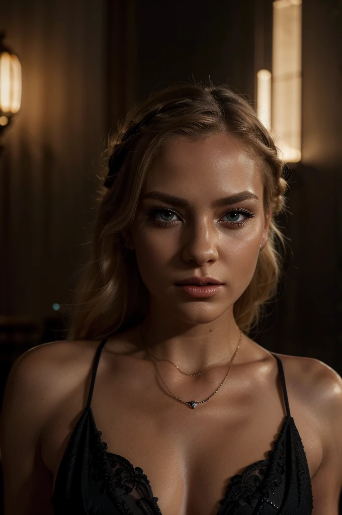 A beautiful blonde woman in an elegant pose, with brown/green eyes, blonde hair, golden necklace, Waterfall braid, in a nightclub, (best quality,4k,8k,highres,masterpiece:1.2),ultra-detailed,(realistic,photorealistic,photo-realistic:1.37),intricate details,high quality lighting,cinematic lighting,dramatic lighting,chiaroscuro lighting,moody lighting,glowing skin,flawless skin,detailed facial features,long eyelashes,full lips,expressive eyes,graceful posture,elegant black dress,shimmering dress,dramatic expression,cinematic composition,rich color palette, volumetric fog,depth of field