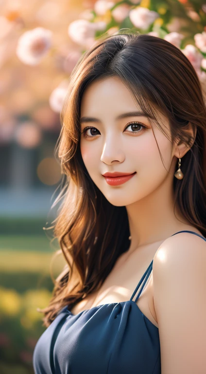(a beautiful woman with long flowing hair, flowing blue dress sparkling in sunlight, bright warm eyes, gentle kind smile, ample round bosom, standing in peaceful garden surrounded by blooming flowers, soft breeze, head_to_hip, the_cowboy_shot, (best quality,4k,8k,highres,masterpiece:1.2),ultra-detailed,(realistic,photorealistic,photo-realistic:1.37),HDR,UHD,studio lighting,ultra-fine painting,sharp focus,physically-based rendering,extreme detail description,professional,vivid colors,bokeh,portrait,fantasy,warm colors)