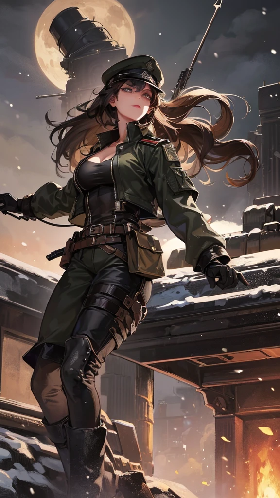 beautiful ((similing)) relytvil posing in (dynamic pose) as a world war 2 diesel punk army officer, black leather uniform with cleavage wearing leather army hat, photo referenced, highest quality, high quality, (detailed face and eyes), dusk lighting,, strong makeup, industrial, outdoor snow forest background, half body, 