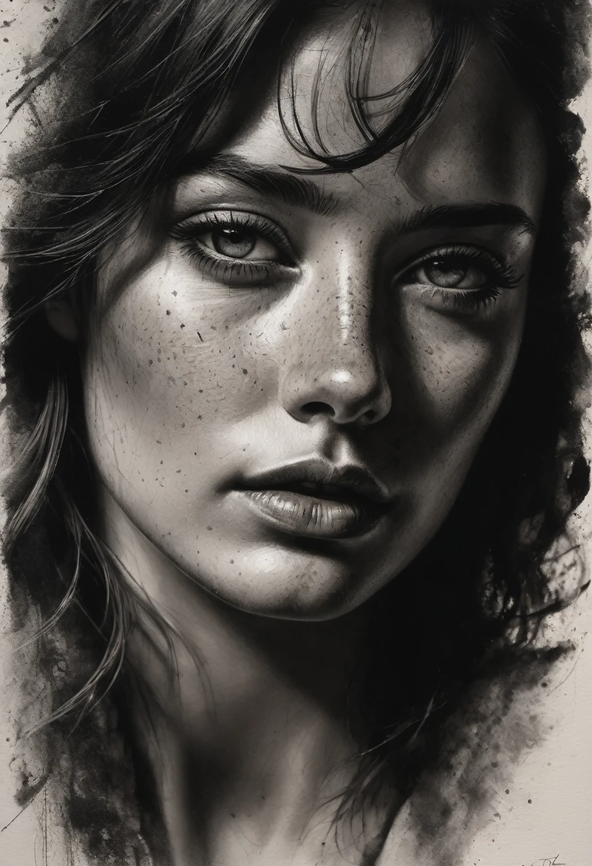 best qualityer, hyper realistic, ultra detali,realistic sketch:1.5,coal,portraite,paper texture,detailed facial features, freckles on the face, Shading and Highlights,dynamic composition,expressive traits,sharp contrast,highlights and shadows,black andwhite,Emotion and expression,Exquisite details,subtle textures,hand drawn,precise lines,fine arts,alto sharp contraste,dramatic lighting,qualified craftsmanship,aesthetic appeal,Polished finish,professionally executed