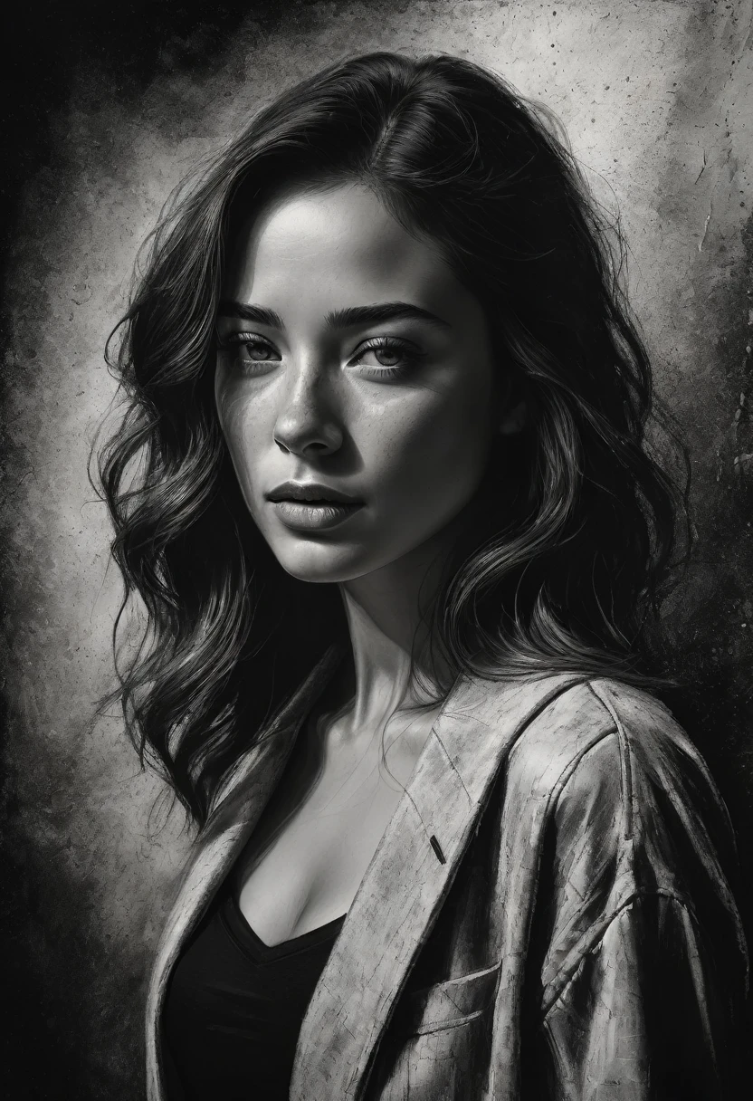 best qualityer, hyper realistic, ultra detali,realistic sketch:1.5,coal,portraite,paper texture,detailed facial features, freckles on the face, Shading and Highlights,dynamic composition,expressive traits,sharp contrast,highlights and shadows,black andwhite,Emotion and expression,Exquisite details,subtle textures,hand drawn,precise lines,fine arts,alto sharp contraste,dramatic lighting,qualified craftsmanship,aesthetic appeal,Polished finish,professionally executed