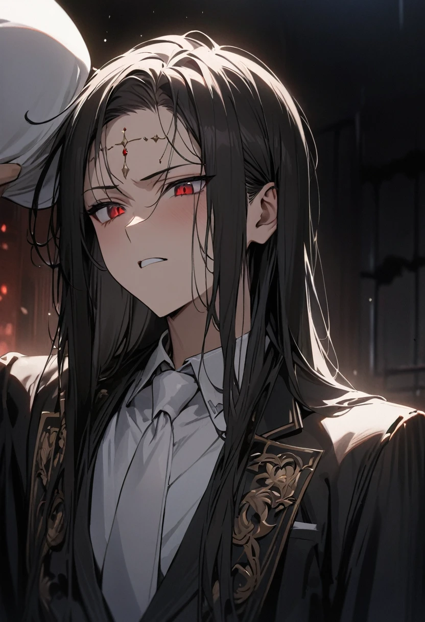 
(( straight face picture )) ((best quality)), (Masterpiece)), (details), (  ) ( ornamentation ) Young man wearing a black suit , White tie ,white pants , white hat ,Shoulder-length hair ,My hair is a little frizzy. , I opened my forehead.,Red eyes ,at night ,There&#39;s smoke. ,moon , dark , Japanese mansion , ภาพdarkมน


