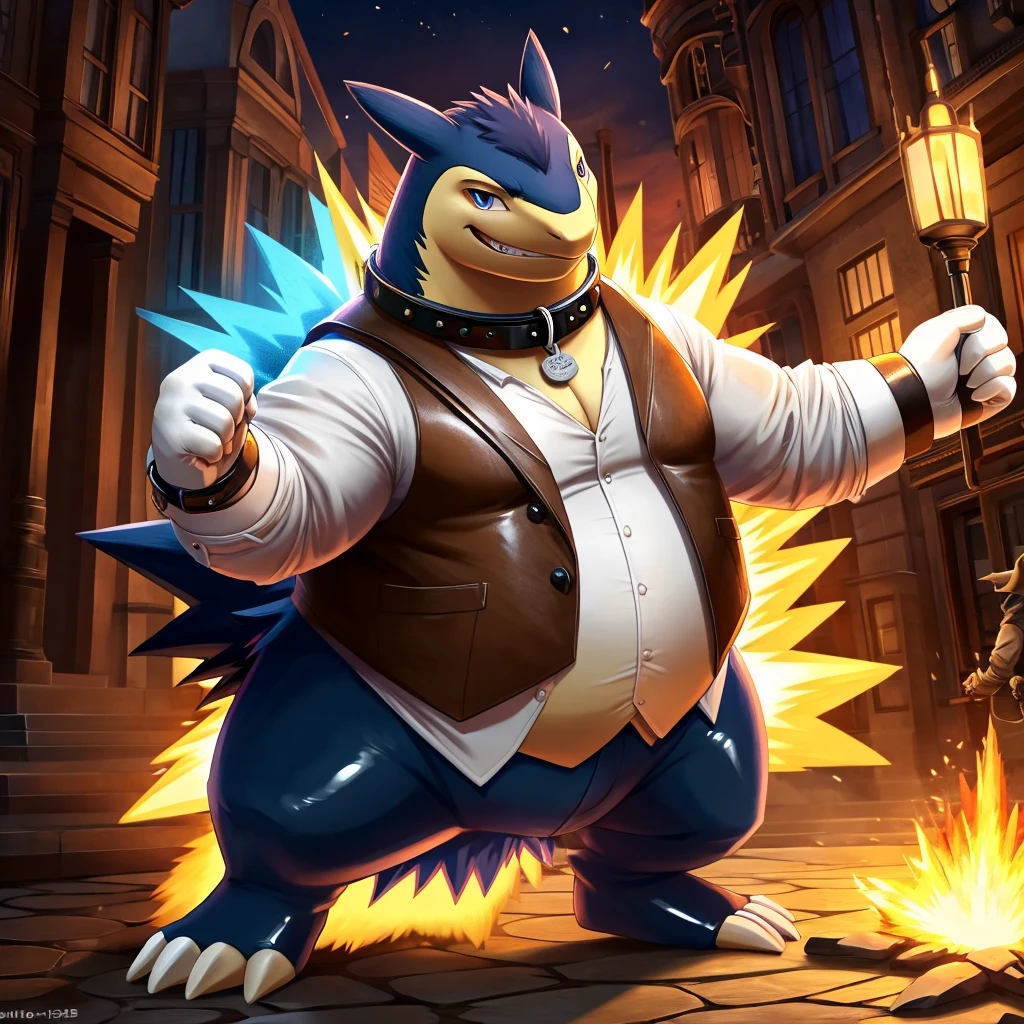 Solo, Male, fat, extremely obese, gentleman, dapper Professor Typhlosion, blue eyes, (posing:1.3), (soft shading), 4k, hi res, ((detailed face, detailed)), looking at viewer, evil grin, steampunk, collared shirt with buttons, top hat, male focus, Explorer Outfit, glasses, monocle, bag, vest with buttons, backpack, sleeves rolled up, round eyewear, brown headwear, brown vest, Typhlosion is wearing a glossy leather dog collar around the neck, Typhlosion is wearing the leather collar and shirt and vest at the same time, Typhlosion is wearing glossy white rubber gloves on the hands, wearing white rubber gloves on the feet, Typhlosion is wearing glossy white cuffs around the wrists with cufflinks, gloves are rubber in texture, clenching teeth, clenching fists, leather collar is glossy and shiny with a lot of detail, Typhlosion is wearing gloves and cuffs and cufflinks at the same time, leather collar has a round dog-tag, leather collar is thick and detailed.