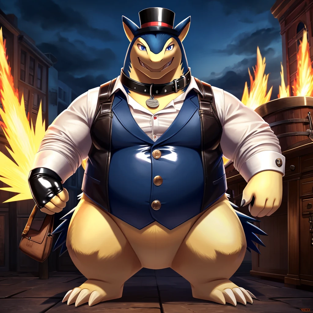 Solo, Male, fat, extremely obese, gentleman, dapper Professor Typhlosion, blue eyes, (posing:1.3), (soft shading), 4k, hi res, ((detailed face, detailed)), looking at viewer, evil grin, steampunk, collared shirt with buttons, top hat, male focus, Explorer Outfit, glasses, monocle, bag, vest with buttons, backpack, sleeves rolled up, round eyewear, brown headwear, brown vest, Typhlosion is wearing a glossy leather dog collar around the neck, Typhlosion is wearing the leather collar and shirt and vest at the same time, Typhlosion is wearing glossy white rubber gloves on the hands, wearing white rubber gloves on the feet, Typhlosion is wearing glossy white cuffs around the wrists with cufflinks, gloves are rubber in texture, clenching teeth, clenching fists, leather collar is glossy and shiny with a lot of detail, Typhlosion is wearing gloves and cuffs and cufflinks at the same time, leather collar has a round dog-tag, leather collar is thick and detailed.