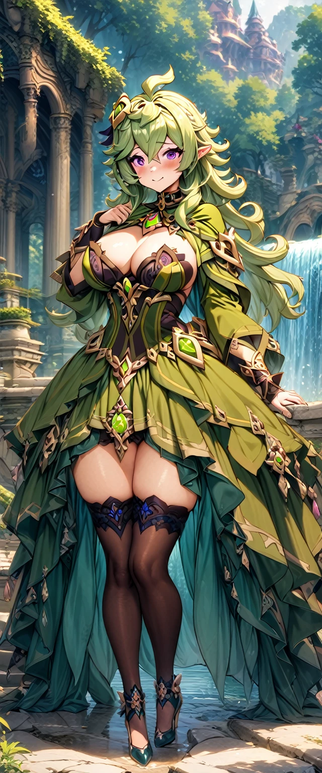 (masterpiece), (highest quality), (illustration), (super detailed), (high resolution), absurdity, 1girl,collei,genshin impact,long pointy ears,purple eyes,forest palace,palace hall,forest trees,lake,waterfall,blush,smile,cowboy shot,(princess gown:1.4),thighhigh heels,elf princess,shy,curvy,wavy hair,big breasts,looking at viewer