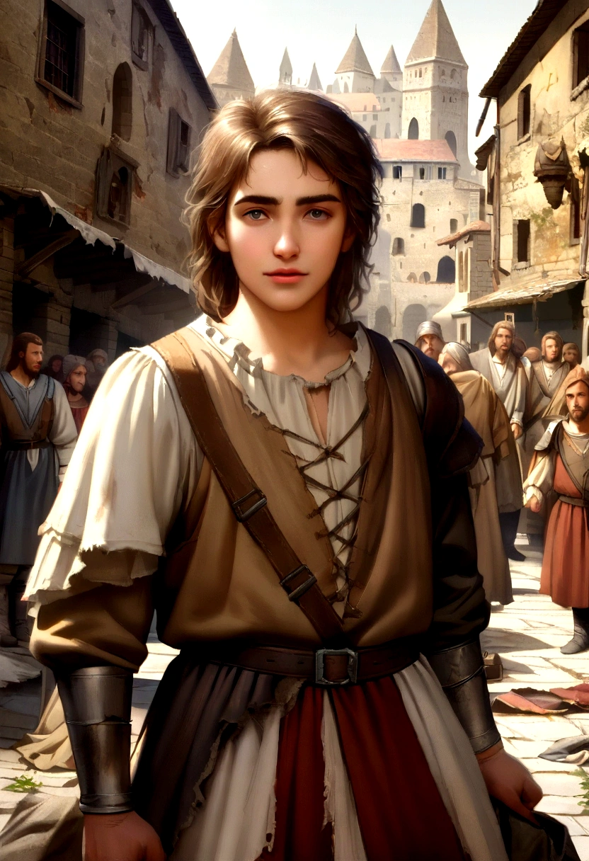 Cinematic portrait of Fernando Alonso, Upper part of the body, face, in front of the audience, (reality :1.3), one of the most beautiful works of art in the world, a man looks at the camera, medieval costumes, (old damaged and worn clothes :1.4), detailed beautiful face, action shot, ancient city background, realistic photos, CG, art station