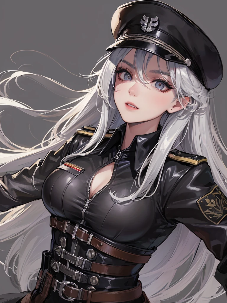 beautiful ((similing)) relytvil posing in (dynamic pose) as a world war 2 diesel punk army officer, black leather uniform with cleavage wearing leather army hat, photo referenced, highest quality, high quality, (detailed face and eyes), dusk lighting,, strong makeup, industrial, outdoor snow forest background, half body,