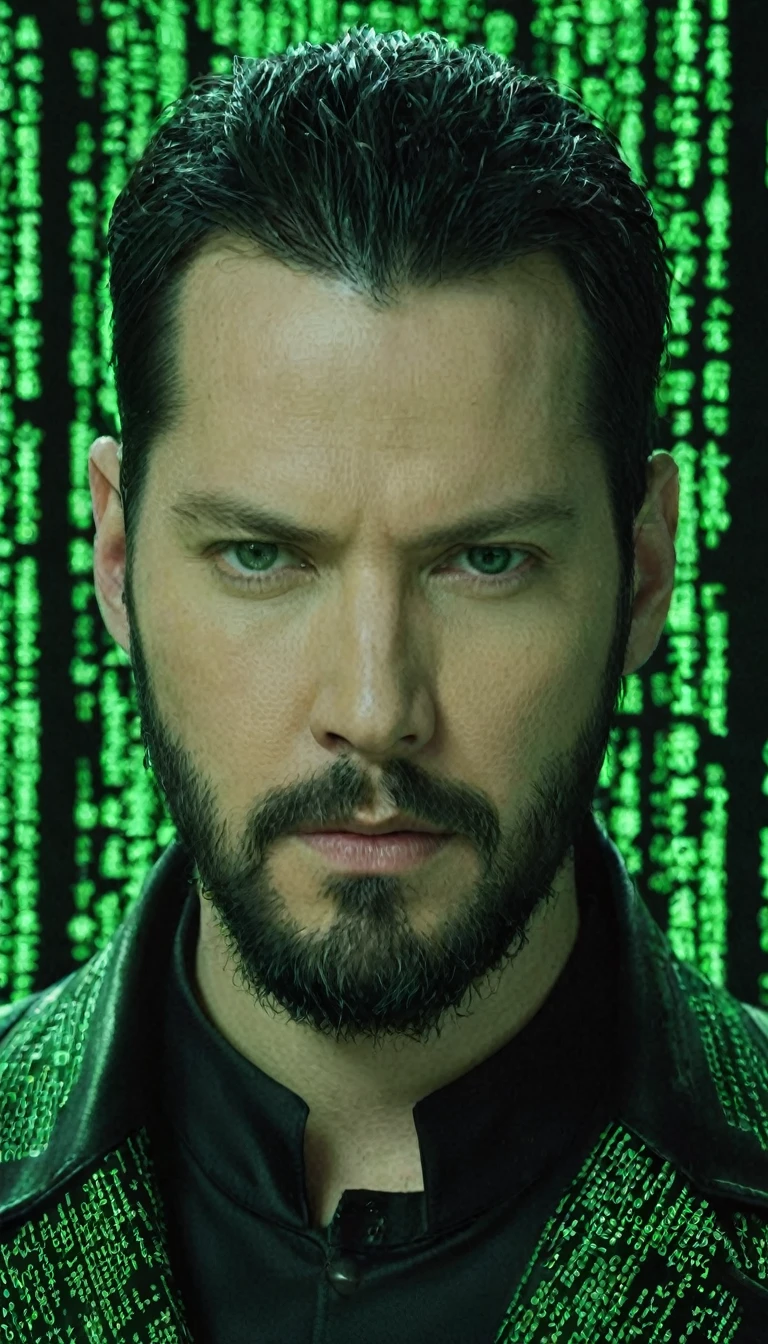 face portrait of "Neo's quest: Green matrix code flowing in the middle and background.", Neo is a white man with black hair and black beard, wearing a black latex coat, that works secretly with Morpheus and trinity. focusing on the face, magical and mysterious theme