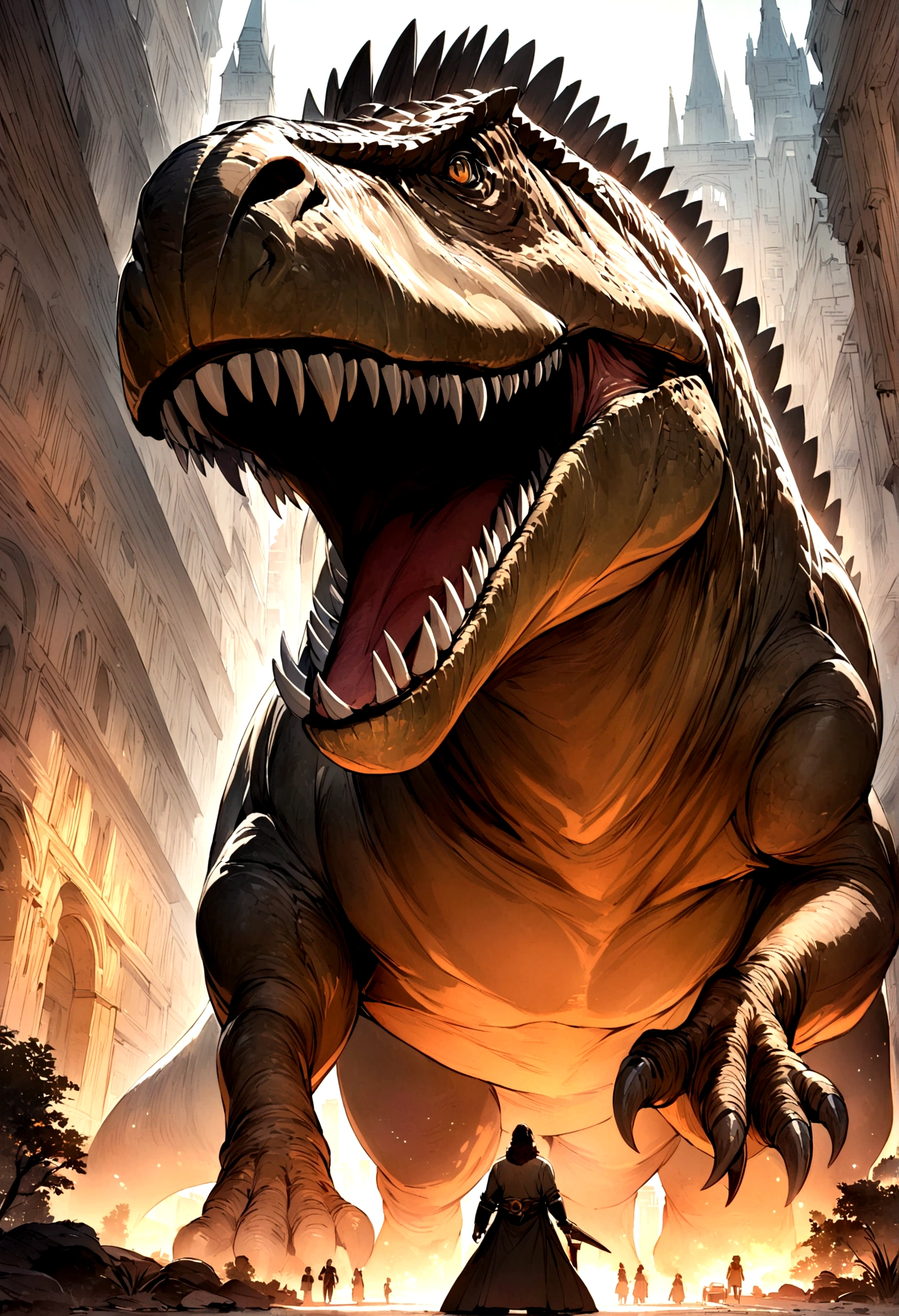 "1. Tyrannosaurus rex"
[storyteller]: "O Tyrannosaurus rex, ou T. rex, he is the king of the dinosaurs! He lived in North America and is the most famous of all."