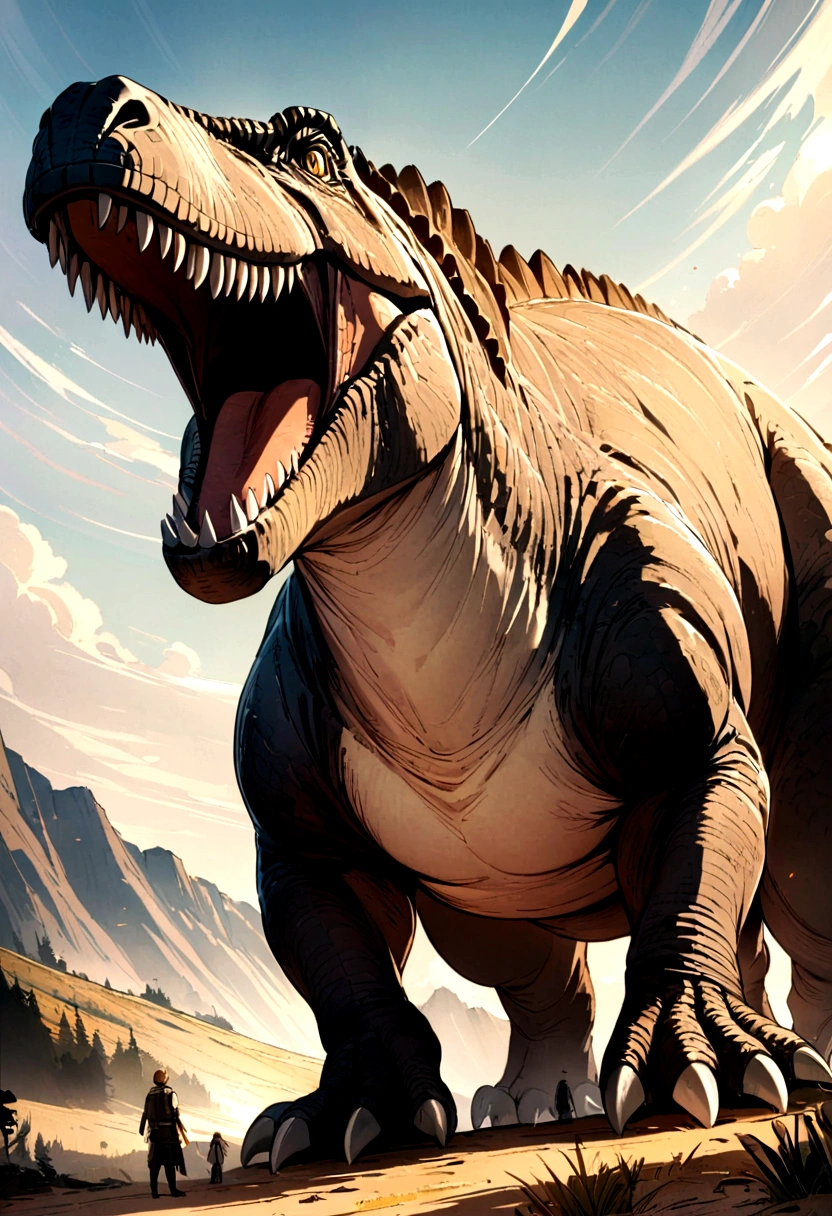 "1. Tyrannosaurus rex"
[storyteller]: "O Tyrannosaurus rex, ou T. rex, he is the king of the dinosaurs! He lived in North America and is the most famous of all."