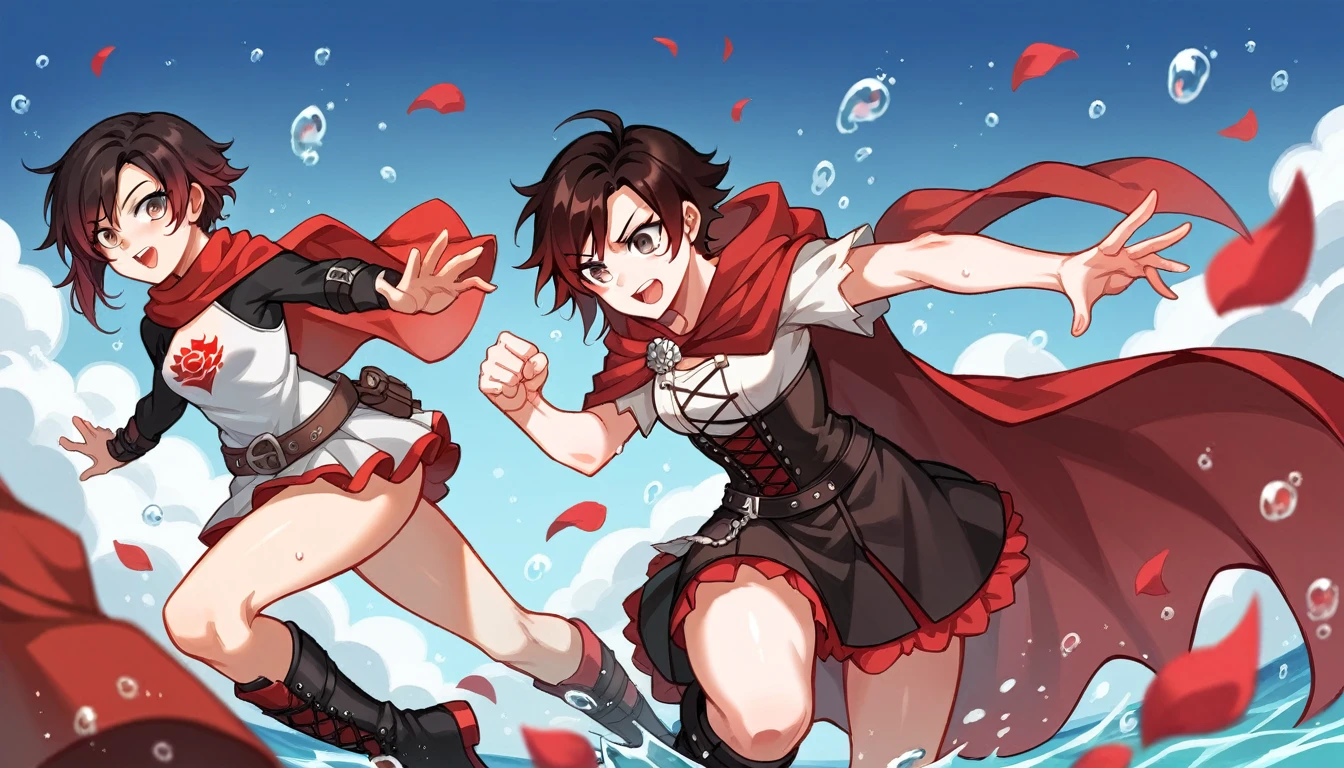 2girl, dynamic pose, (girl1: Short black hair, grey eyes, pale skin, red cape,) (girl2: Long brown hair, brown eyes, pale skin, white clothes.) Ruby rose from RWBY, simple backround, special effects, falling red petals, water droplets,