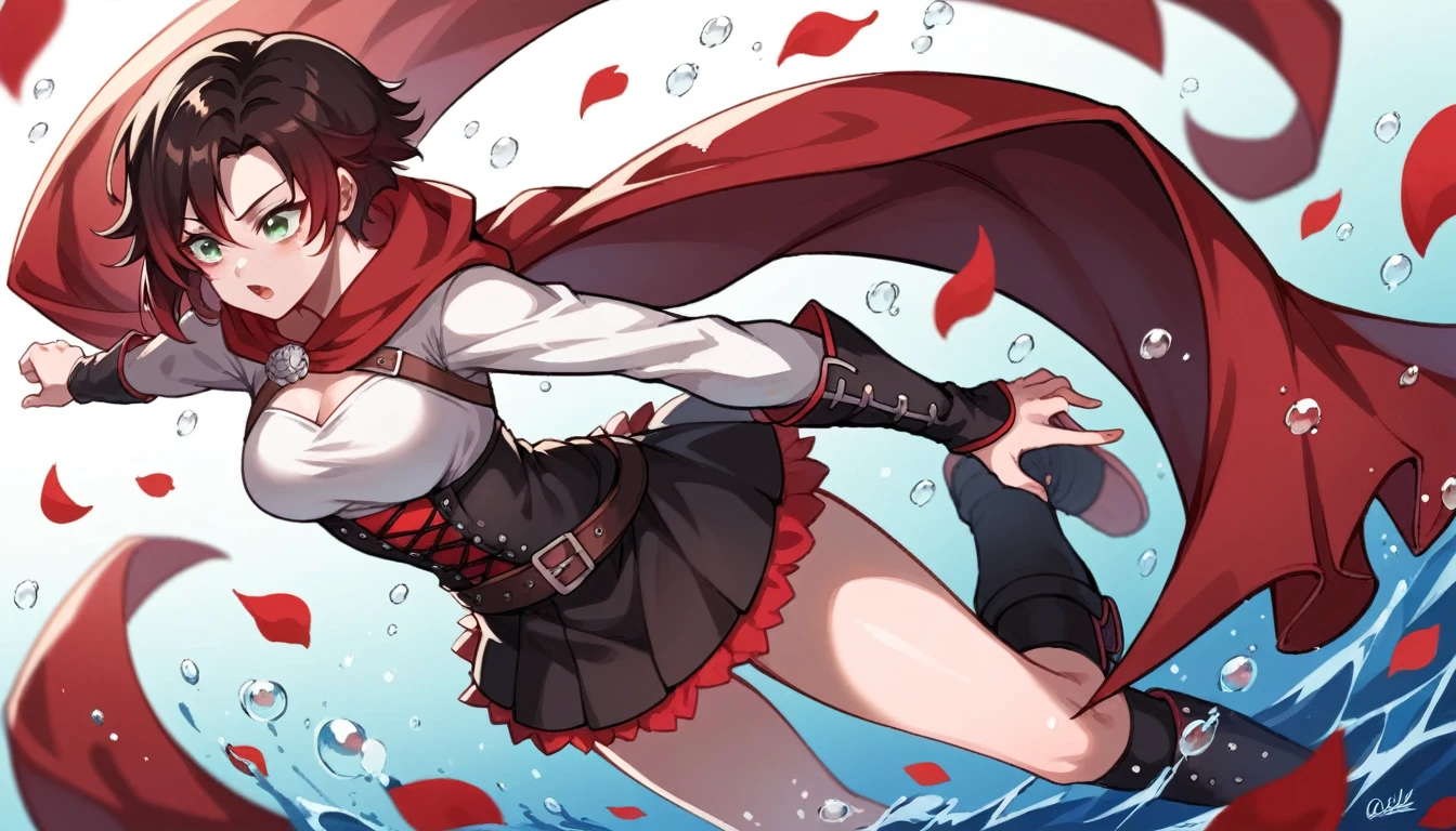 2girl, dynamic pose, (girl1: Short black hair, grey eyes, pale skin, red cape,) (girl2: Long brown hair, brown eyes, pale skin, white clothes.) Ruby rose from RWBY, simple backround, special effects, falling red petals, water droplets,
