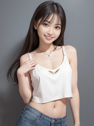 Japanese female, a lot of details, (underweight), 30 years old, detailed black hair, beautiful detailed hair, super fucking beautiful, delicate beautiful face, complex details beautiful and delicate eyes, perfect hands, (flat chest best quality:1.5), perfect and delicate limbs, detailed skin, best quality, ultra-detailed,(cheerful grin:1.5),
white silk camisole, bare shoulders, cleavage, crop top, cutoffs, denim shorts, midriff, short shorts, spaghetti strap,