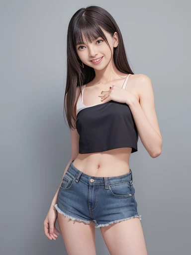 Japanese female, a lot of details, (underweight), 30 years old, detailed black hair, beautiful detailed hair, super fucking beautiful, delicate beautiful face, complex details beautiful and delicate eyes, perfect hands, (flat chest best quality:1.5), perfect and delicate limbs, detailed skin, best quality, ultra-detailed,(cheerful grin:1.5),
white silk camisole, bare shoulders, cleavage, crop top, cutoffs, denim shorts, midriff, short shorts, spaghetti strap,